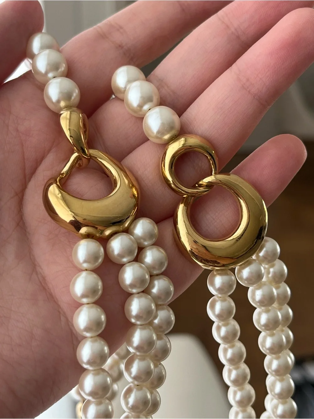 Vintage Napier Triple-Stranded Faux Pearl Gold Hoop Beaded Statement Necklace